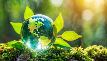 Obraz na płótnie Canvas New year green glass globe sphere earth ball europe and asia world with green leaves and morning sunlight in forest - sustainable environment and ecology earthball