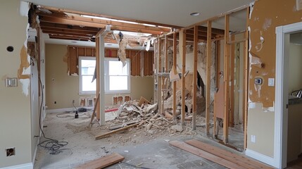 a house undergoing major renovation, where the tearing down of a wall reveals a chaotic yet transformative drywall mess