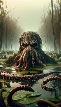 a photo-realistic ULTRA HD 4K image of an octopus-man in a swamp setting, distinct from a sea port. The octopus-man has a face with highly deta