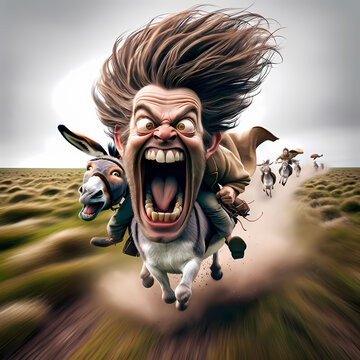 A man with an exaggeratedly large head, mouth wide open in a scream, and eyes bulging out, is riding on the back of a donkey across a grassland. 