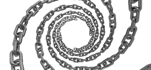 Several metal chains of different sizes. Metal chain is twisted into a spiral. Preparation of a metal chain. Metal chain on a transparent white background. 3D rendering.