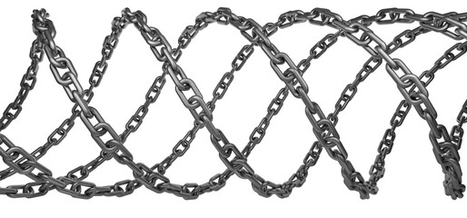 Metal chain is twisted into a spiral. Preparation of a metal chain. Several metal chains of different sizes. Metal chain on a transparent white background. 3D rendering.