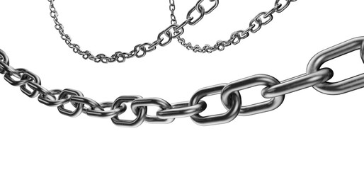 A metal chain hangs from the top of the frame. A blank metal chain according to your design. Several metal chains of different sizes. Metal chain on a transparent white background. 3D rendering.