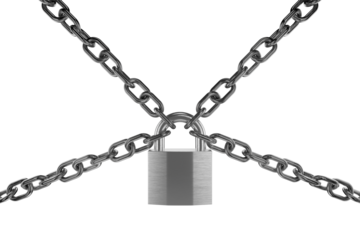 Gray metal chain and gray metal padlock. Four metal chains closed with a padlock. Overlap, closure, denial. Lock concept. Encryption. 3D rendering.