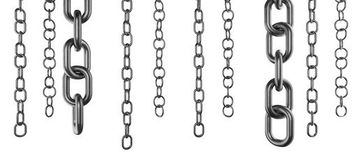 Metal chain hangs down. The ends of the metal chain hang down. Preparing a metal chain according to your design. Several metal chains of different sizes.  - obrazy, fototapety, plakaty