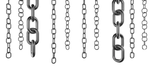 Foto op Plexiglas Metal chain hangs down. The ends of the metal chain hang down. Preparing a metal chain according to your design. Several metal chains of different sizes.  © Alexander