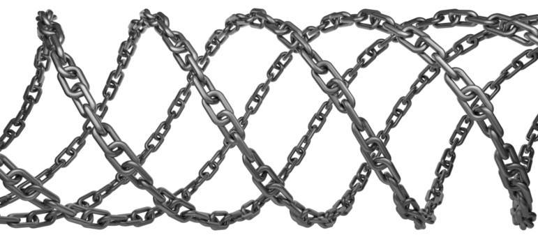 Metal chain is twisted into a spiral. Preparation of a metal chain. Several metal chains of different sizes. Metal chain on a transparent white background. 3D rendering.