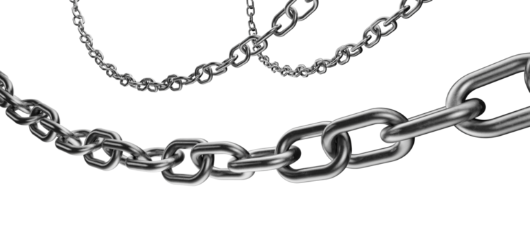 A metal chain hangs from the top of the frame. A blank metal chain according to your design. Several metal chains of different sizes. Metal chain on a transparent white background. 3D rendering. - Powered by Adobe