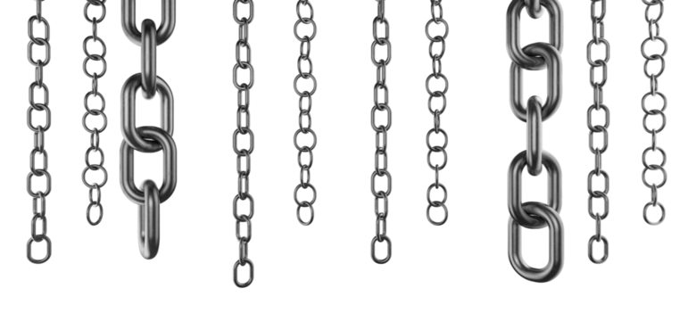Metal chain hangs down. The ends of the metal chain hang down. Preparing a metal chain according to your design. Several metal chains of different sizes. 
