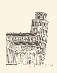 Liner sketches architecture of The Leaning Tower of Pisa, Italy, illustration. Hand drawn travel postcard in retro style. Travel sketch. Urban sketch in brown color on background colors kraft paper.