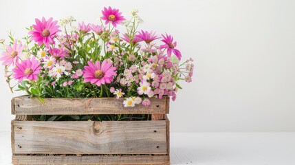 Wooden box with plastic flowers on white background ,selective focus