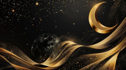 An elegant Ramadan Kareem background, featuring a shimmering gold moon amidst luxurious abstract Islamic elements