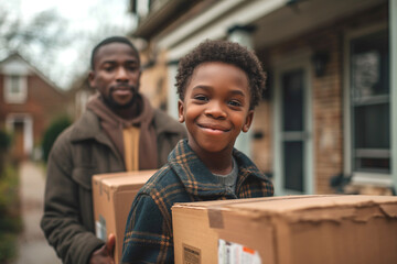 African American family with two children moving from home with boxes in hands - obrazy, fototapety, plakaty