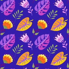 Seamless pattern with cartoon leaves and flowers on a blue background, flute illustration