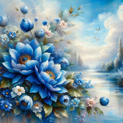 Oil Paintings of Blue Flowers on Canvas 
