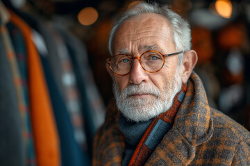 Mature man looking at checked shirt
