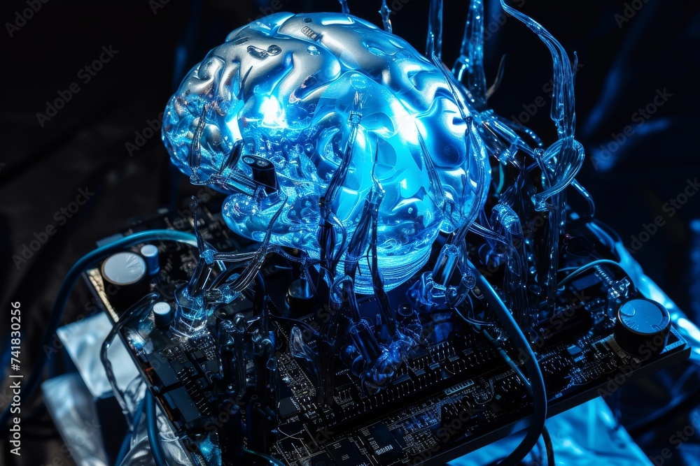 Poster ai brain chip achievement orientation. artificial intelligence neurotransmitter transport mind nanoa