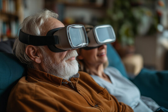 Senior man with woman wearing virtual reality glasses sitting on sofa