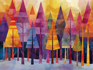 Illustration of geometric bohemian trees in an abstract forest
