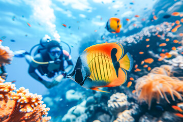 Fototapeta na wymiar Scuba Divers Exploring Tropical Coral Reef.