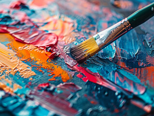 Obraz premium Photography of a bold colorful abstract painting being brushed onto a canvas
