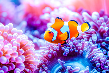 Fototapeta na wymiar Clownfish Amidst Sea Anemone in Sunlit Waters.