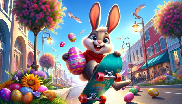 Lively Easter Bunny Skateboarding Through Blossoming Town Center