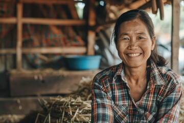 Portrait of a smiling middle aged female farmer - obrazy, fototapety, plakaty