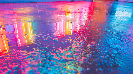 Photography of a neon sign reflection on scattered raindrops over a vivid surface
