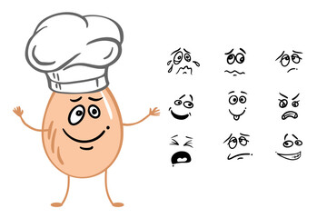 chef's hat emoticon faces egg set. Different emotions social media Symbol. Vector funny character egg. holiday decoration, poster, greeting card, sticker,  social media, bakery.