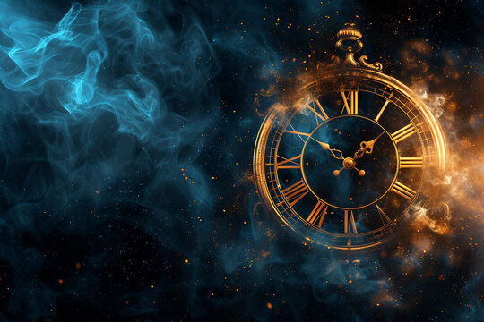Galactic Clock in Smoke on Abstract Black Background