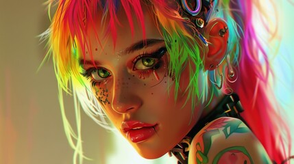 Punk style woman's face model with colorful hair with tattoo wallpaper AI generated image