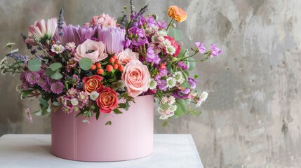 Chic Floral Gift: Pink Round Box with Beautiful Bouquet on a White Table. Stylish and Elegant Decoration for Celebrations like Weddings, Birthdays, and More