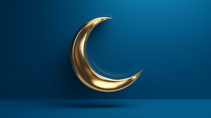 Golden crescent moon on blue background. Ramadan Kareem concept. 3D Rendering