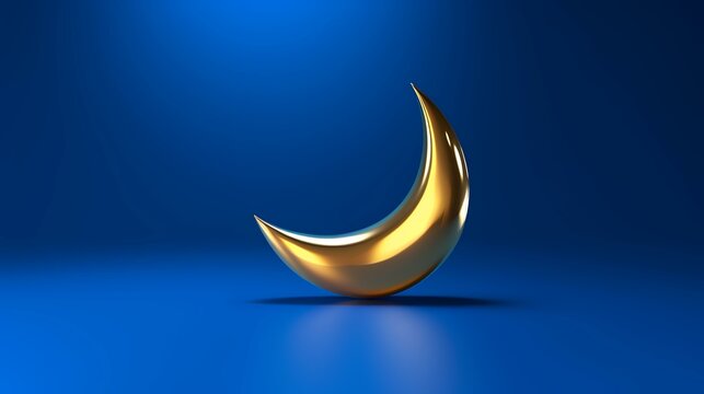 golden crescent moon on blue background, 3d render illustration