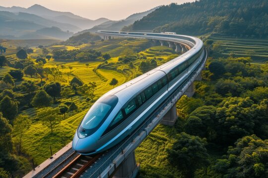 Maglev train speeding through lush countryside at sunset