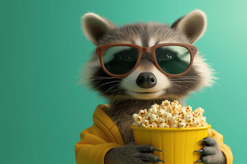 A raccoon wearing sunglasses and holding a bucket of popcorn, with a teal background providing copy space, ideal for movie theater promotions or film night events. High quality illustration