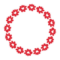 Doodle wreath with red heart flowers. Simple print for card, sticker, invitation, poster. Hand drawn vector illustration for decor and design.
