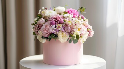Obraz na płótnie Canvas Chic Floral Gift: Pink Round Box with Beautiful Bouquet on a White Table. Stylish and Elegant Decoration for Celebrations like Weddings, Birthdays, and More