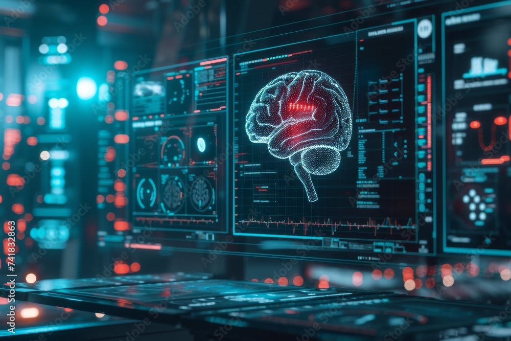 Poster ai brain chip image fusion. artificial intelligence gonadotropin releasing hormone mind cognitive fi