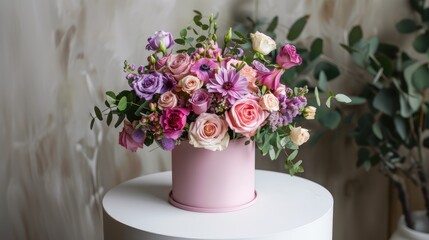 Chic Floral Gift: Pink Round Box with Beautiful Bouquet on a White Table. Stylish and Elegant Decoration for Celebrations like Weddings, Birthdays, and More