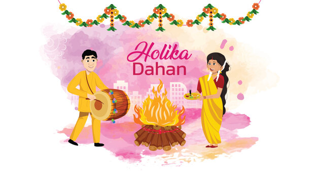 Happy Holi. Illustration of Holika Dahan (Burning Holika, the devil) with colorful background. Family vector illustration of man and women. Man holding dhol and women holding pooja thali.