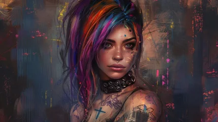Fotobehang Punk style woman's face model with colorful hair with tattoo wallpaper AI generated image © harkamat