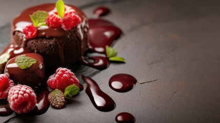 Decadent chocolate cake with silky ganache, adorned with fresh raspberries and mint leaves,...