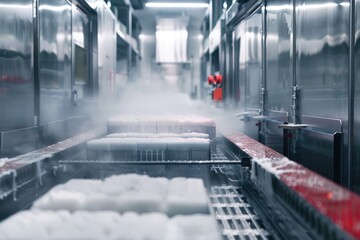 Frozen food processing line on conveyor belt - obrazy, fototapety, plakaty