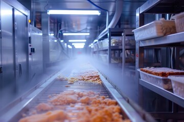 Frozen food processing line on conveyor belt - obrazy, fototapety, plakaty