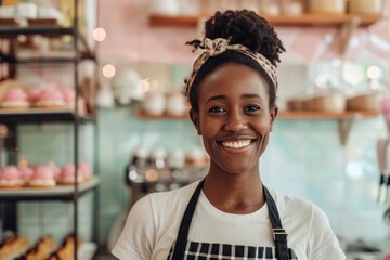 Happy female pastry chef in bakery with desserts in background