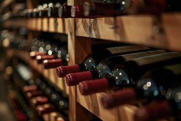 Wooden wine rack with bottles in cellar