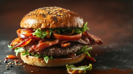 A delectable hamburger with sizzling bacon, ripe tomatoes, crispy lettuce and black sesame seeds on top