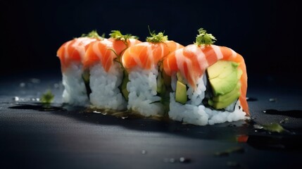 Fresh salmon sushi rolls on a dark background with a soft-focus foreground and a soy sauce spill